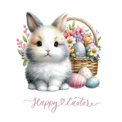 Spring Easter watercolor composition. Easter bunny and eggs with flowers.