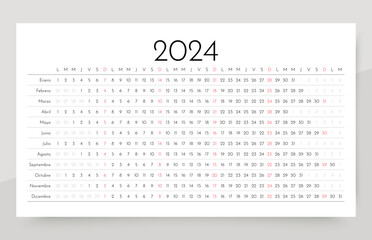Spanish 2024 calendar. Linear planner for year. Yearly horizontal calender template. Table schedule grid. Week starts Monday. Desk timetable with 12 months. Landscape orientation. Vector illustration.