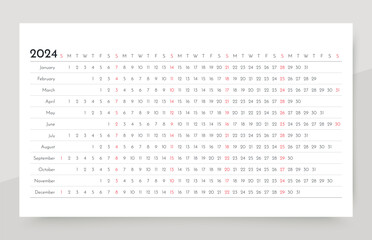Linear 2024 calendar. Horizontal planner template. Yearly long calender. Week starts Sunday. Annual schedule grid with 12 months. Landscape orientation, english. Simple design. Vector illustration. - obrazy, fototapety, plakaty