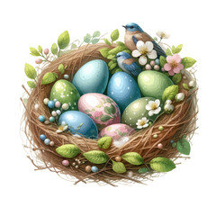 Spring Easter watercolor composition. Easter eggs in nest with flowers.