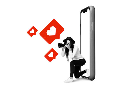 Creative illustration photo picture young stylish lady take photo huge phone heart icon notification like social media