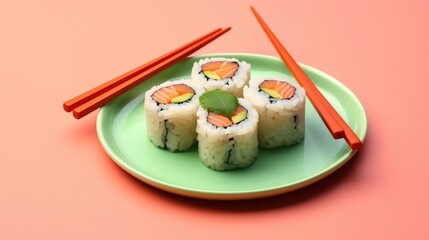 Sushi on white background with colored background. Generative AI.
