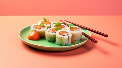 Sushi on white background with colored background. Generative AI.