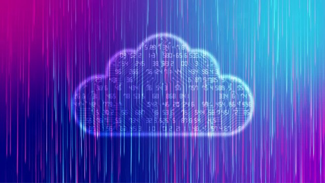 Cloud computing icon with flowing data, Cloud Storage Data Upload Background, Big Data Transfer. 4K Resolution Video animation