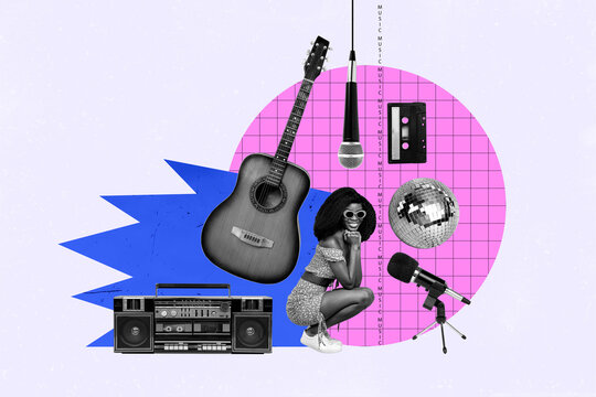 Collage photo illistration poster funky young girl 90s retro stylish club music equipment guitar microphone boombox discoball party