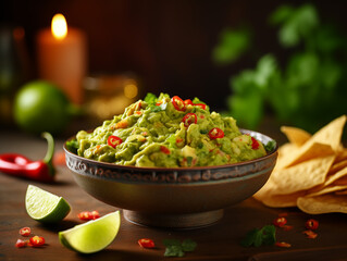 Delicious Mexican guacamole with vegetables, nachos and greens. Traditional food, Latin American, Mexican cuisine. Photorealistic, background with bokeh effect. 