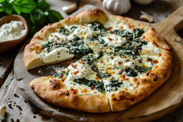 White Pizza Elegance: Indulge in Culinary Delight with a Rich and Creamy Symphony of Spinach and Ricotta, Perfectly Baked to Perfection for a Gourmet Italian Experience
