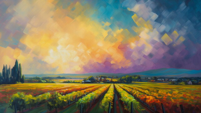 A bright picture depicting endless vineyard fields
