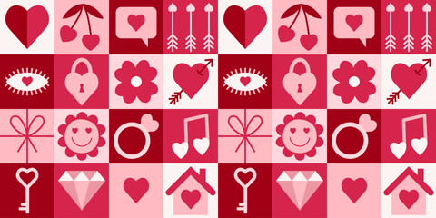 Happy Valentine's day bauhaus geometric seamless pattern. Simple shapes and icons in flat minimalist style. Modern vector ornament for print, banner, card, fabric, cover, wrapping paper, wallpaper
