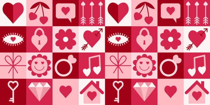 Happy Valentine's day bauhaus geometric seamless pattern. Simple shapes and icons in flat minimalist style. Modern vector ornament for print, banner, card, fabric, cover, wrapping paper, wallpaper