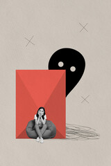 Creative drawing collage picture of sit beanbag girl tangled negative thoughts depression monster...