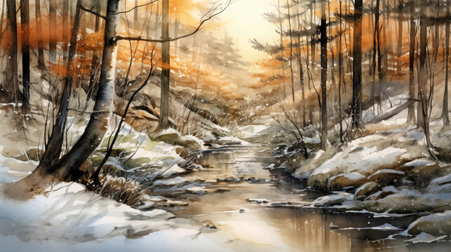 Watercolor Painting: Early Spring in the Forest, Melting Snow, Babbling Brook, Trees Bathed in Spring Sunshine - Capturing the Essence of the Season's Arrival
