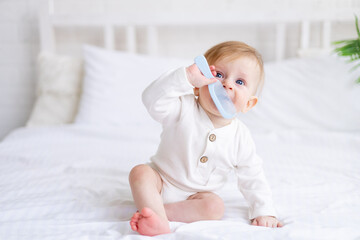 a 6-month-old blond boy is gnawing a comb on a white bed in a bright bedroom in a cotton bodysuit, a small child is teething - obrazy, fototapety, plakaty