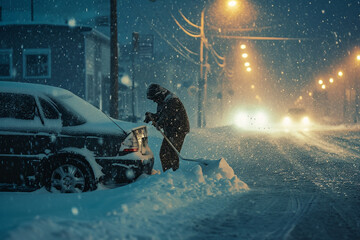 determination of a person clearing snow from their car, emphasizing the effort and dedication required in a cinematic photo.