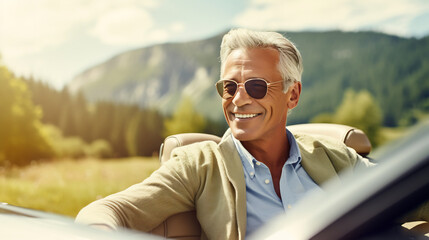 Happy mature successful businessman sitting in the luxury sport car - obrazy, fototapety, plakaty