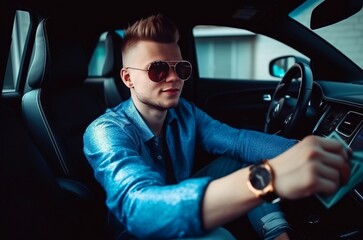 Rich man holds money and sitting in sport car. Young joyful guy having luxury life. Generate ai