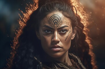 Mad Maori woman with upset facial expression. Irritable aboriginal tribal woman with culture face tattoos. Generate ai