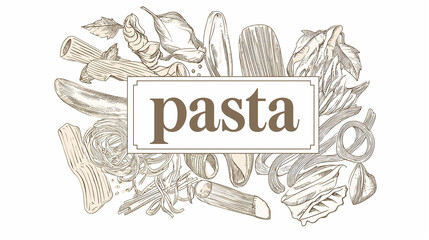 Vector hand drawn pasta set. Vintage line art illustration with the text "pasta" written in the center