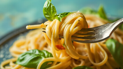 Fork with tasty pasta and basil on color background, close up view 