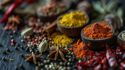 Spices on black background