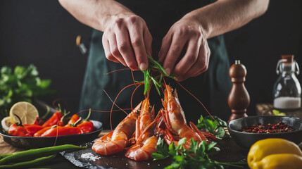 Seafood, Professional cook prepares shrimps. Cooking seafood, healthy vegetarian food and food on a dark background