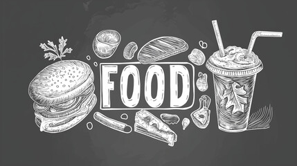 hand drawn illustration of a set of food and drink with the text "food" written in the center