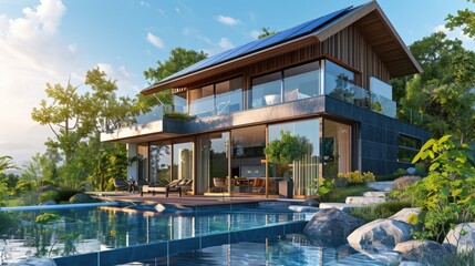 Fototapeta premium Luxury Eco Villa: Modern House with Solar Panels, Terrace, and Pool