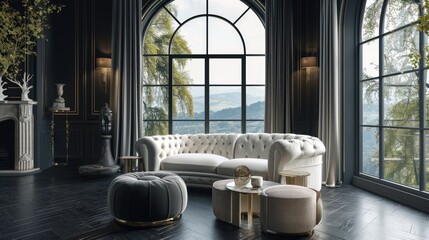 Modern Art Deco Living Room: Luxury Curved Sofa and Velvet Pouf in Hollywood Regency Interior Design