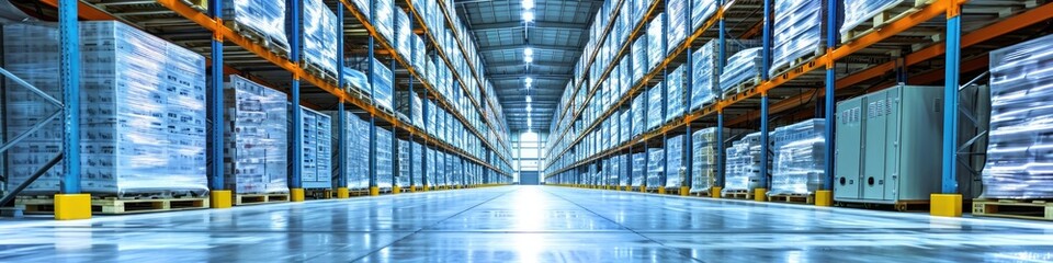 Expansive Cold Storage Warehouse Interior: Bottom View of Refrigerated Bulk Storage Facility for Business Distribution and Merchandise - obrazy, fototapety, plakaty
