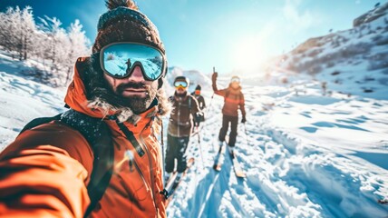 Group Skiing Selfie in Mountains - obrazy, fototapety, plakaty