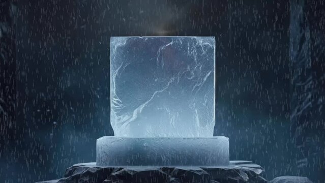 Animated mockup, photorealistic carved ice podium with animated snow on dark abstract background