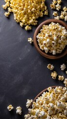 Website Banner, Popcorn Day Themed Kitchen Dark Background, Top View, Copy Space for Text