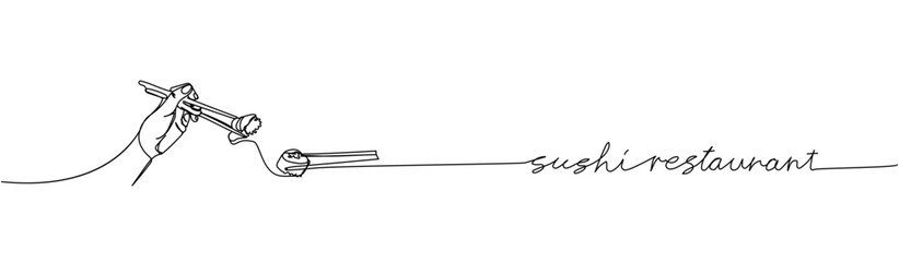 Sushi restaurant, Philadelphia roll, maki, Sushi roll with chopsticks in hand one line art. Continuous line drawing of sushi, japanese, food, culture, menu with inscription, lettering, handwritten.