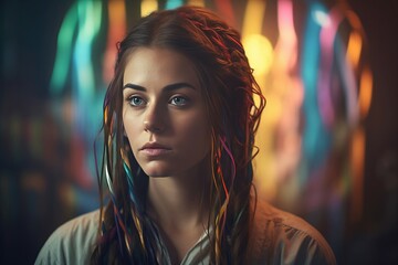 Religious woman with brown hair. Spiritual genuine young lady on colorful background. Generate ai - obrazy, fototapety, plakaty