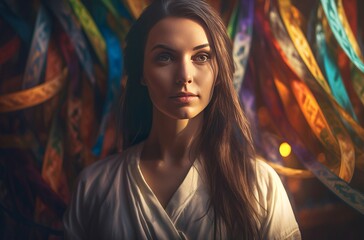 Religious woman with brown hair on colorful hanging bands. Vivid authentic faithful brunette lady. Generate ai - obrazy, fototapety, plakaty