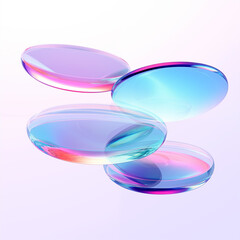 Glass disc shapes with colorful reflections composition. 3d rendering.