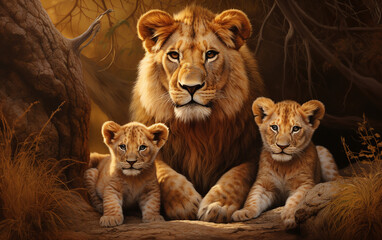 Família de leões  - obrazy, fototapety, plakaty