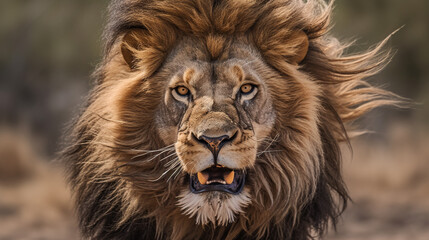 Naklejka premium A close-up of a majestic lion with a lush mane in a natural outdoor setting
