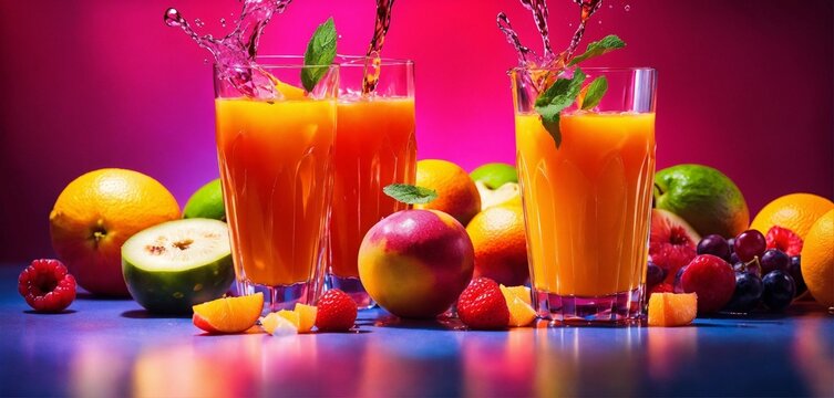 Cocktail juice, with healthy and vibrant exotic fruits. capture spectacular splashes of fruit juice. creative dynamic composition varies the angle. macro food photography