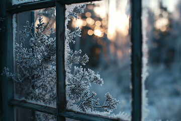 cinematic shot through a frost-covered window, symbolizing the chilly beauty of a snowy morning.