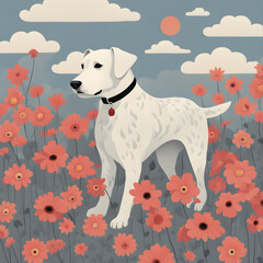 dog and red flowers