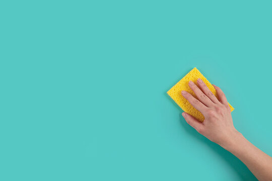 Woman's hand holding washing sponge on blue background. Cleaning concept, professional cleaning, household supplies. Top view with copy space