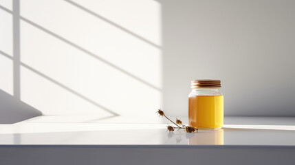 Natural floral golden honey in glass jar on table in light colored kitchen. White wall Background, bee farm for production of homemade healthy honey. - obrazy, fototapety, plakaty