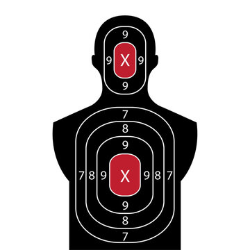 Human shoot target. Firearm and archery shooting range practicing human torso silhouette, sniping sport competition, military or police weapon training vector target with scoring sections