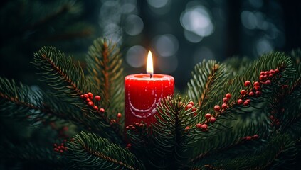 Fototapeta na wymiar Generative AI image of a candle is lit in a christmas tree with red berries
