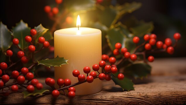 Generative AI image of a candle is lit in a christmas tree with red berries