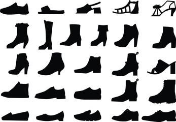 vector fashion shoes silhouette, set of icon boots isolated on white background - obrazy, fototapety, plakaty