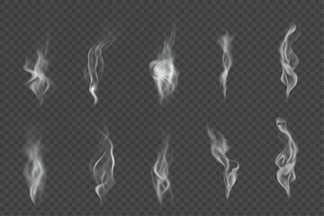 Fototapeta premium Realistic wavy smoke effect. Vector illustration. Swirl cloudy fog, vapor isolated on transparent background