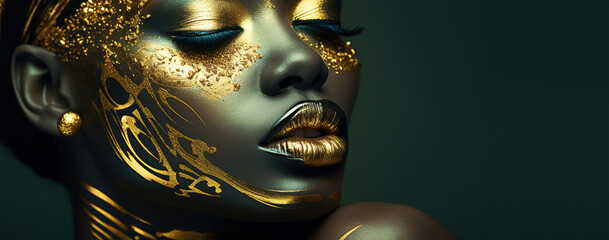  Beauty woman painted in black skin color body, gold makeup, lips, eyelids in gold color paint