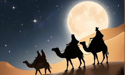 three wise men riding on camels in the desert at night,  nativity scene of The Holy Family and three wise men, Embarking on the Journey to Meet Jesus at His Birth.